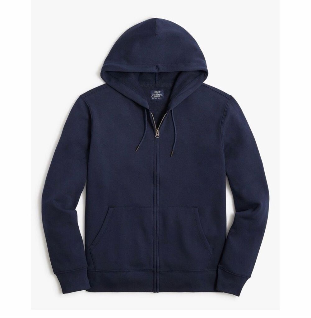 J. Crew Authentic Fleece Full Zip Drawstring Hoodie Navy Medium NEW
